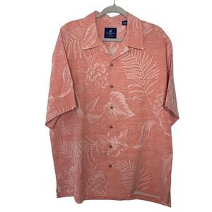 Caribbean Joe 100% Silk Salmon Color Hawaiian Floral Mens Shirt Size L